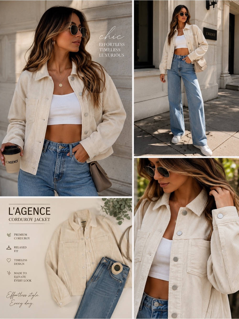 L'AGENCE Cream Corduroy Button-Front Jacket size L